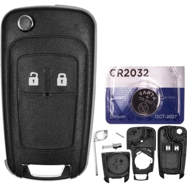 mt-key Auto Klapp Schlüssel Ersatz Gehäuse 2 Tasten mit Rohling und VARTA CR2032 Knopfzelle für OPEL Modelle Meriva, Astra J, Adam, Corsa E, Zafira
