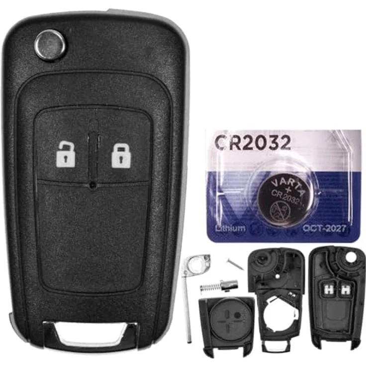 mt-key Auto Klapp Schlüssel Ersatz Gehäuse 2 Tasten mit Rohling und VARTA CR2032 Knopfzelle für OPEL Modelle Meriva, Astra J, Adam, Corsa E, Zafira – Bild 1