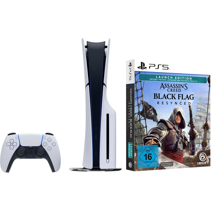 PlayStation 5 PS5 Disk Edition (Slim) 1TB Bundle mit 2 Wireless Controllern und Assassin’s Creed Black Flag Resynced
