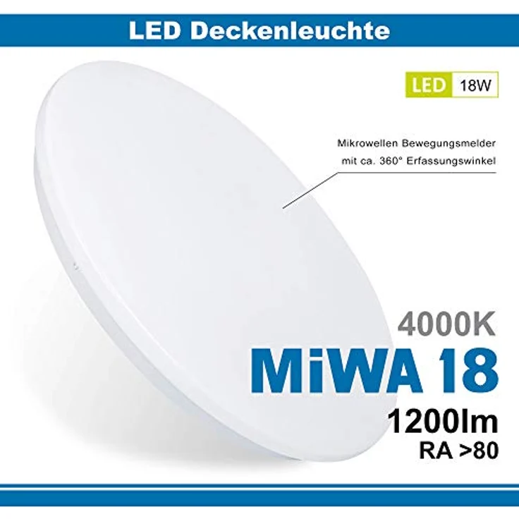 max K O M F O R T LED Deckenleuchte mit Bewegungsmelder 18 Watt IP20 MIWA rund schlicht, Neutralweißes Licht (4000K), Ø 33 cm – Bild 2