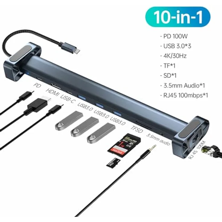 H36CS 11 in1 USB C Docking Station Halterung USB C Adapter mit 4K HDMI, 3 USB 3.0, USB Typ C Stromversorgung, PD Laden, SD/TF Kartenleser, Ethernet, 3,5 mm Audio Buchse kompatibel mit MacBook Pro/Air – Bild 4