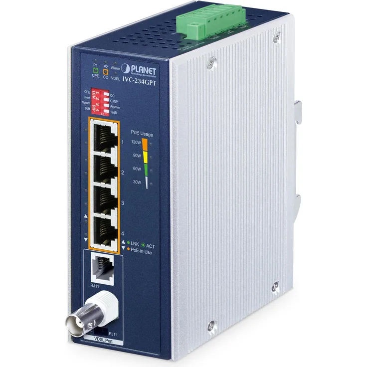 Planet IVC-234GPT, 4-Port 1G Ethernet PoE zu VDSL2 Extender, robuste Aluminiumkonstruktion, Silber-Blau