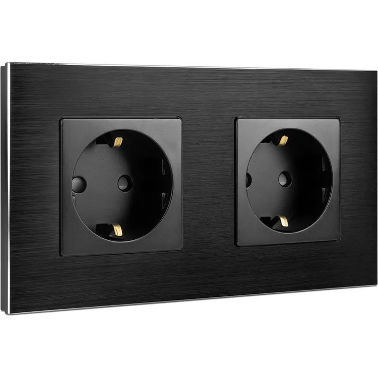 Navaris Alu Schuko Steckdose zweifach - Design Einbau Wandsteckdose Steckdosenleiste (Kabellänge 15,50 m) - Aluminiumrahmen, 16A, 4000W pro Steckdose