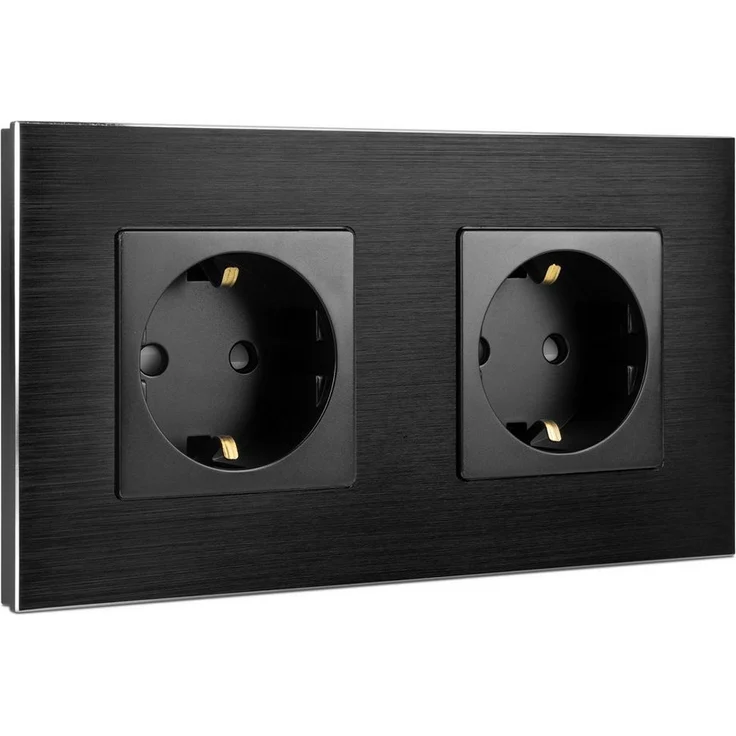 Navaris Alu Schuko Steckdose zweifach - Design Einbau Wandsteckdose Steckdosenleiste (Kabellänge 15,50 m) - Aluminiumrahmen, 16A, 4000W pro Steckdose – Bild 1