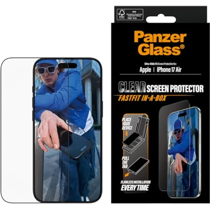 PanzerGlass Ultra Wide Fit, Displayschutzfolie für Apple iPhone Air, transparent, 60 % recyceltes Glas, stossgeprüft bis 4,8 Meter, inkl. EasyAligner