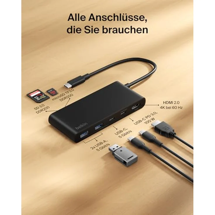 Belkin USB C Hub 7-in-1 Docking Station mit 4K HDMI 60 Hz, 100 W Power Delivery, 5 Gbit/s Datentransfer, SD und MicroSD Kartenleser – Schwarz – Bild 3