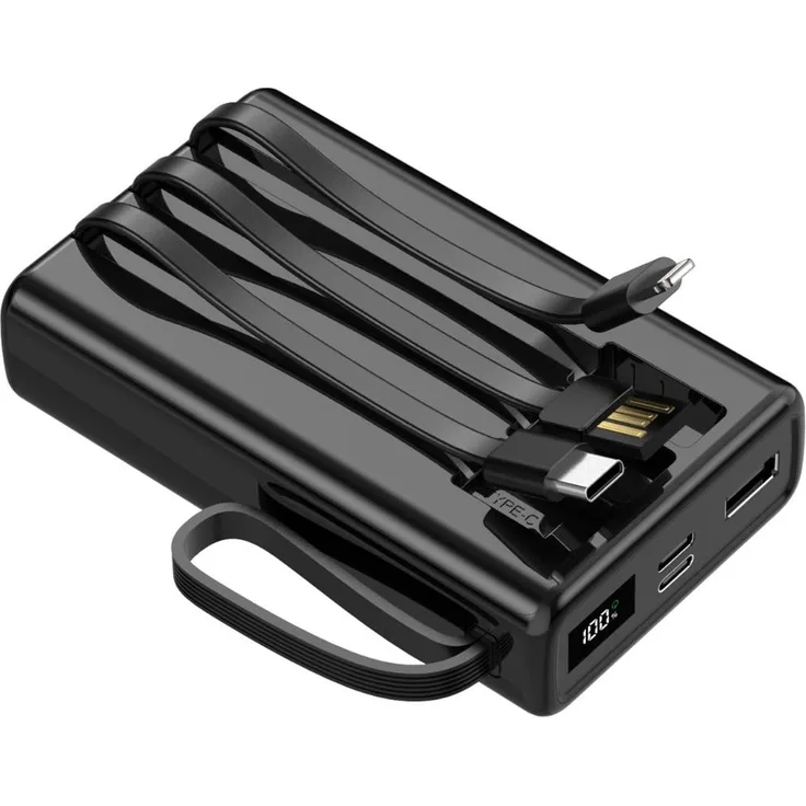 Setty Powerbank SPB-LC-210, 10000 mAh mit Schnellladefunktion und integrierten Kabeln, schwarz