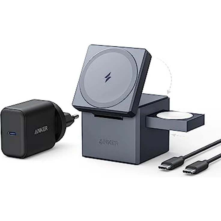 Anker 3-in-1 Cube mit MagSafe, 15W kabellose Höchstladeleistung, Kompatibel mit iPhone 14/13 / 12 Serien, Apple Watch Serie 1-7 / SE, und AirPods Pro / 3/2 (Inklusive 30W Netzteil) – Bild 1