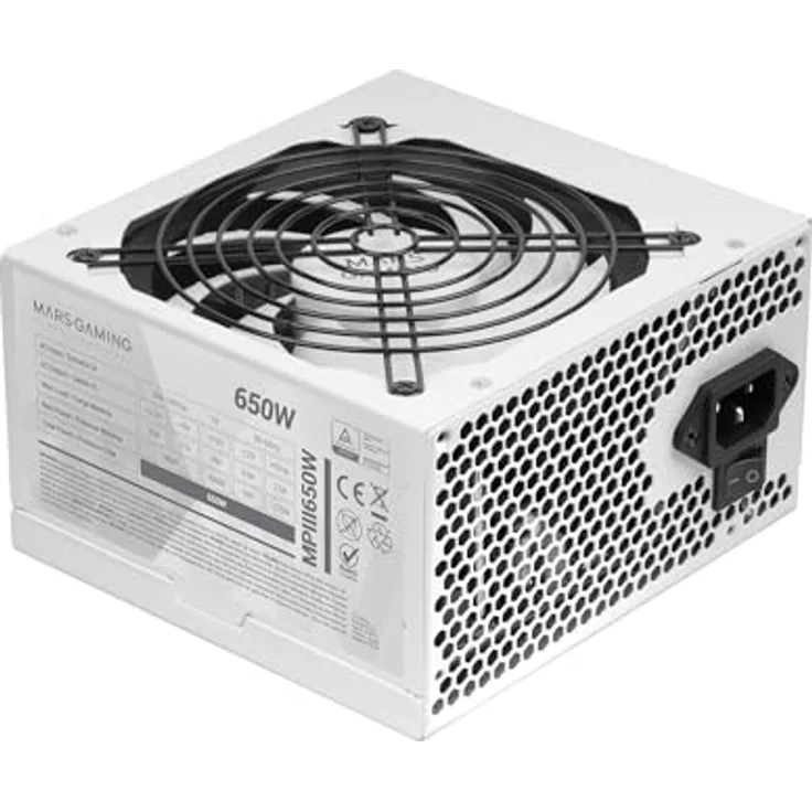 Mars Gaming MPIII650, 650W ATX Netzteil mit 85% Wirkungsgrad, Digital APFC, 120mm AI-RPM Lüfter, flache Kabel, weiß, 5 Jahre Garantie