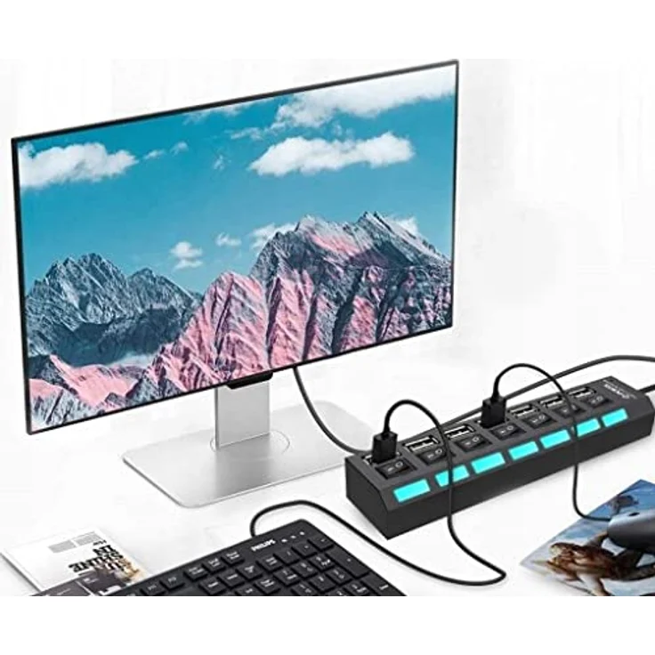 Retoo Hub USB 2.0 7 Port Adapter mit Power Schalter und LED - PC Laptop Powerbank USB Mehrfach Ports Verteiler mit Langes Kabel Multiport – Bild 2