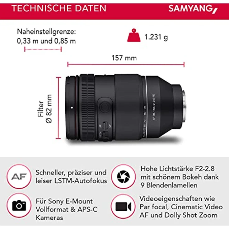 Samyang AF 35-150mm F2,0-2,8 FE für Sony E - All-in-one Zoomobjektiv mit Par Focal, Cinematic Video AF und Dolly Shot Zoom, Custom Switch, ideal für Reise, Wetterschutz, für Sony A9 A7 A7C II A7C R – Bild 2