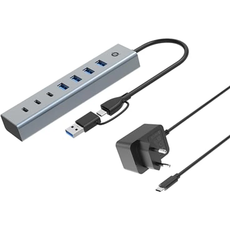 Conceptronic HUBBIES20GP 7-Port USB 3.2 Gen 1 Hub mit Netzteil, 5Gbps, USB-C x 3, USB-A x 4, Aluminiumgehäuse, silber – Bild 1