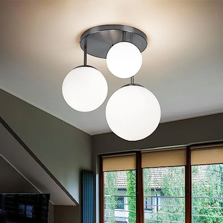 Globo Deckenlampe Wohnzimmerleuchte Kugel Deckenleuchte Glas satiniert, 3x E27, DxH 46,5x44 cm, Nickel Matt – Bild 3