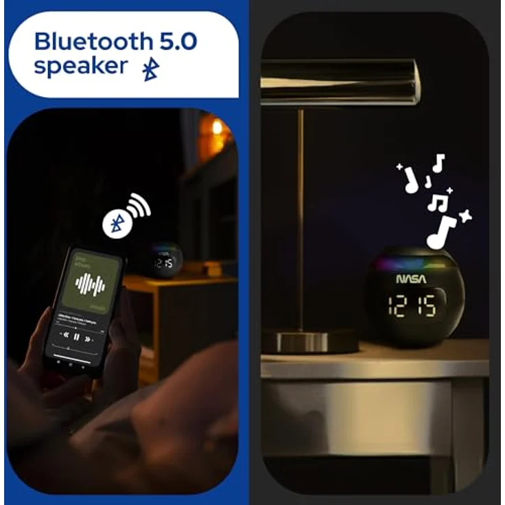 NASA Wecker SP200, Bluetooth-Lautsprecher mit 3 W, Dual-Alarm, LED-Licht und USB-C-Ladekabel – Bild 3
