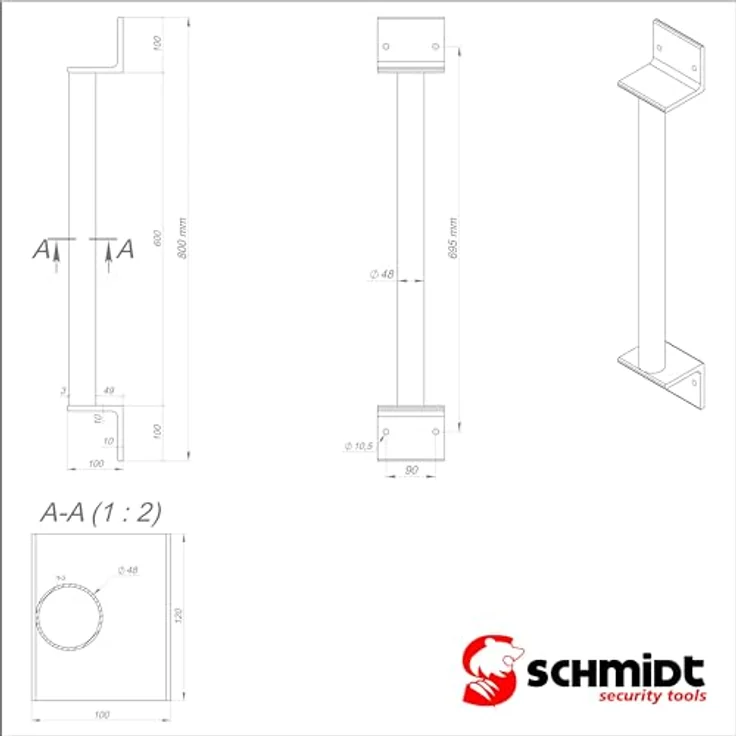 SCHMIDT security tools Lautsprecherständer Wandhalter für Schwenkarm, aus stabilem schwarz lackierten Stahl, 800x120x100 mm, Rohr-Durchmesser 48 mm – Bild 3