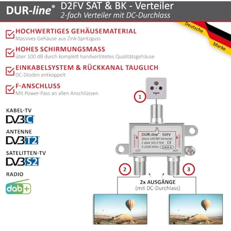 Dur-line BK-SAT- Verteiler 2-fach Frequenzbereich: 5 - 2500 MHz mit DC-Durchgang Schirmungsmaß: 100 dB – Bild 2