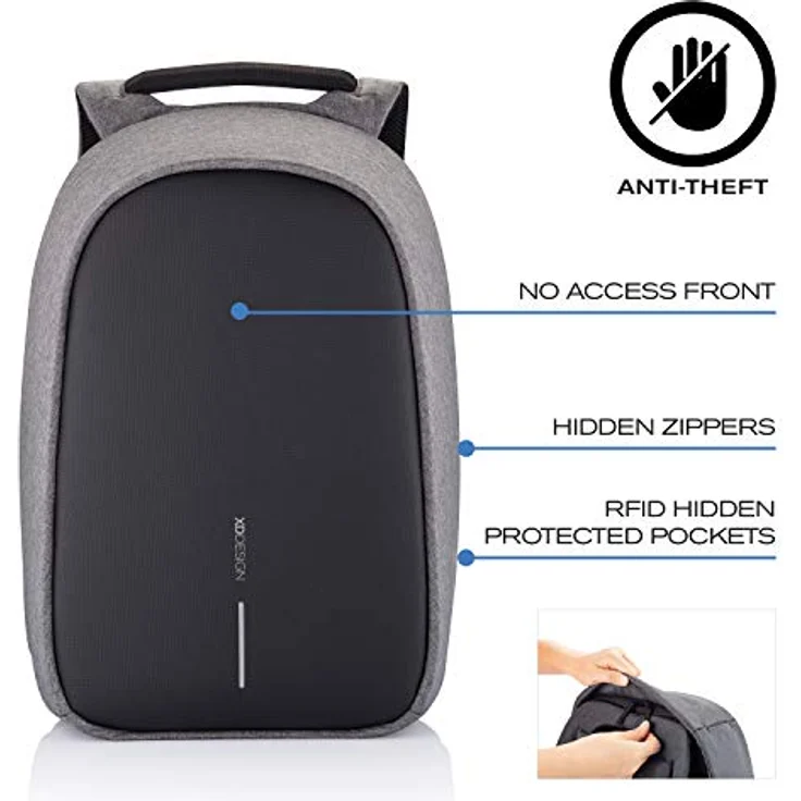 XD Design Bobby Hero Small, Rucksack mit RFID-Schutz und Laptopfach für 38 cm Geräte, grau – Bild 2