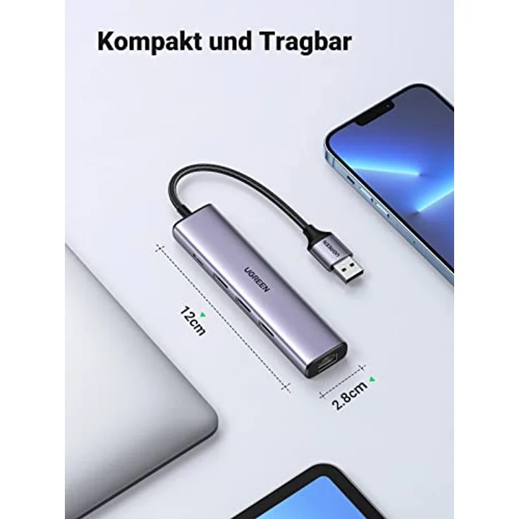 UGREEN CM475 Multifunction HUB, USB 3.0 mit 3 x USB 3.0 Ports, 1x Ethernet RJ-45, USB-C PD, Aluminiumlegierung, grau – Bild 7