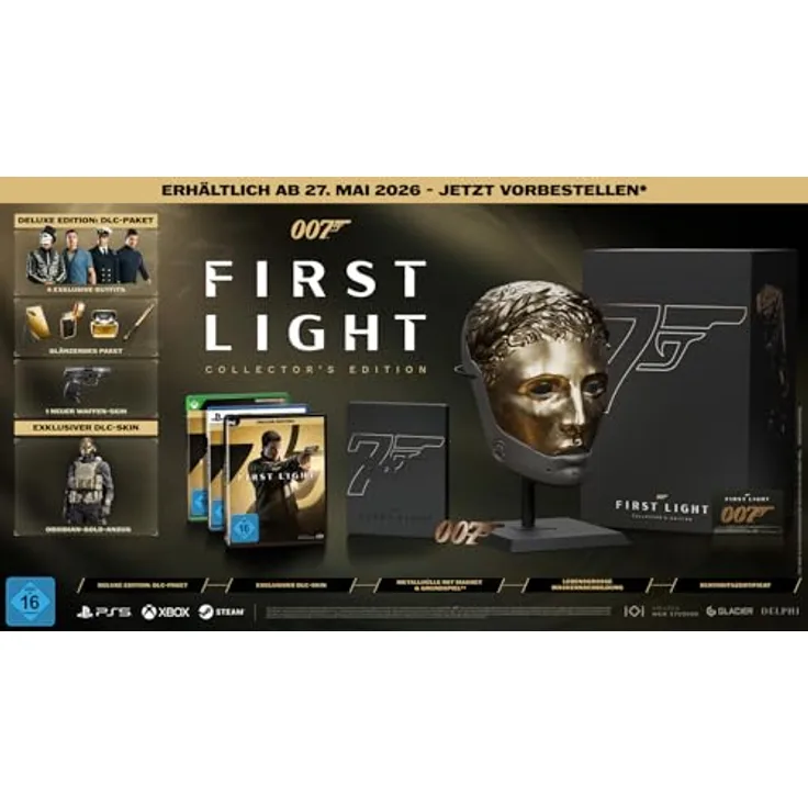 IO Interactive 007 FIRST LIGHT COLLECTORS EDITION, PC-Spiel mit Deluxe Ed. DLC Paket, lebensgroßer Maskennachbildung und Obsidian-Gold-Anzug DLC