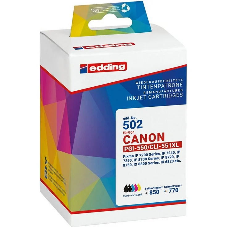 edding Tintenpatrone 5-tlg. Set, ersetzt Canon »PGI-550XL BK / CLI-551XL BK/C/M/Y«, schwarz, cyan, magenta, gelb, Kapazität bis 875 Seiten