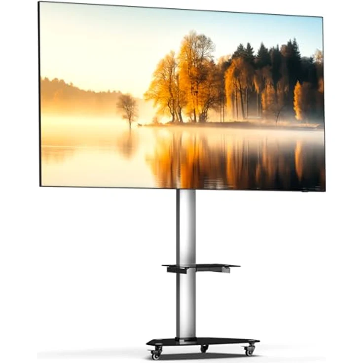 XTRARM Proton 300 mobiler TV Ständer mit Ablage, 37-70 Zoll / 40 kg, VESA-Größen, bis 209 cm Höhe, Schwarz/Silber – Bild 1