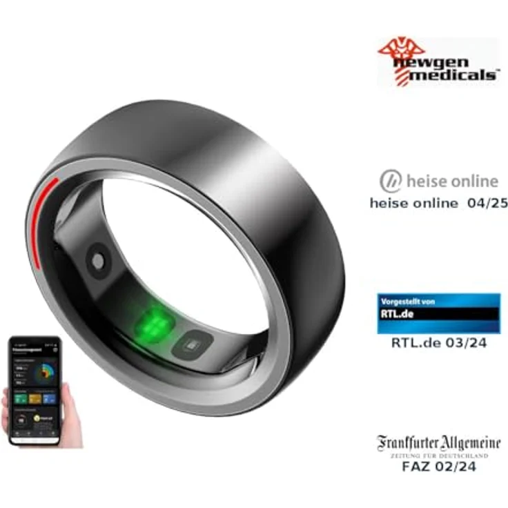 Newgen Medicals Smarter Ring: Fitness- & Schlaftracker-Ring mit Herzfrequenz- & SpO2-Anzeige, Gr. 65 (Fingerringe Herren, Fitness Tracker Ring, Armbanduhren) - Schwarz – Bild 3