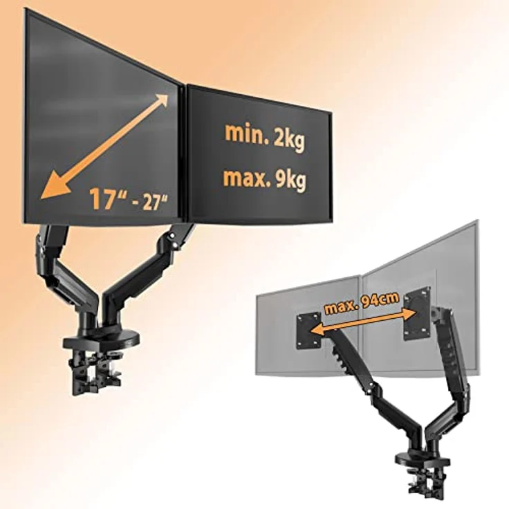 Poppstar Monitorhalterung für 2 Monitore 17 Zoll bis 27 Zoll, höhenverstellbar (360° schwenkbarer drehbarer neigbarer Monitor-Arm), schwarz – Bild 4