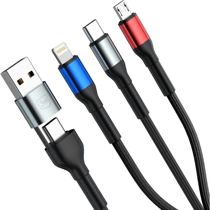 3MK Hyper Cable N-SERIES 6-in-1, Multifunktions-Ladekabel mit USB-A, USB-C, Lightning und Micro-USB, 120 cm, schwarz, Nylongeflecht, Aluminiumstecker, QC 3.0, 18 W
