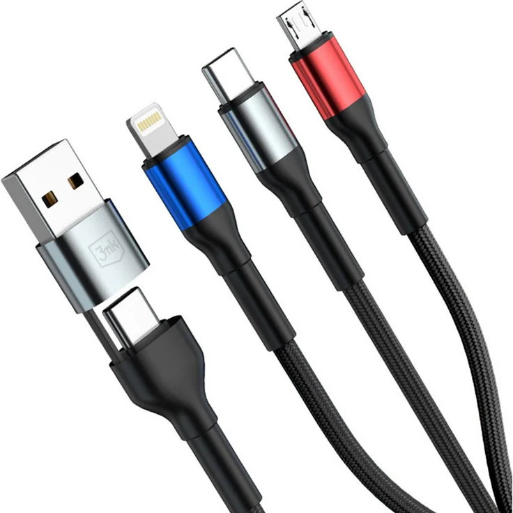 3MK Hyper Cable N-SERIES 6-in-1, Multifunktions-Ladekabel mit USB-A, USB-C, Lightning und Micro-USB, 120 cm, schwarz, Nylongeflecht, Aluminiumstecker, QC 3.0, 18 W