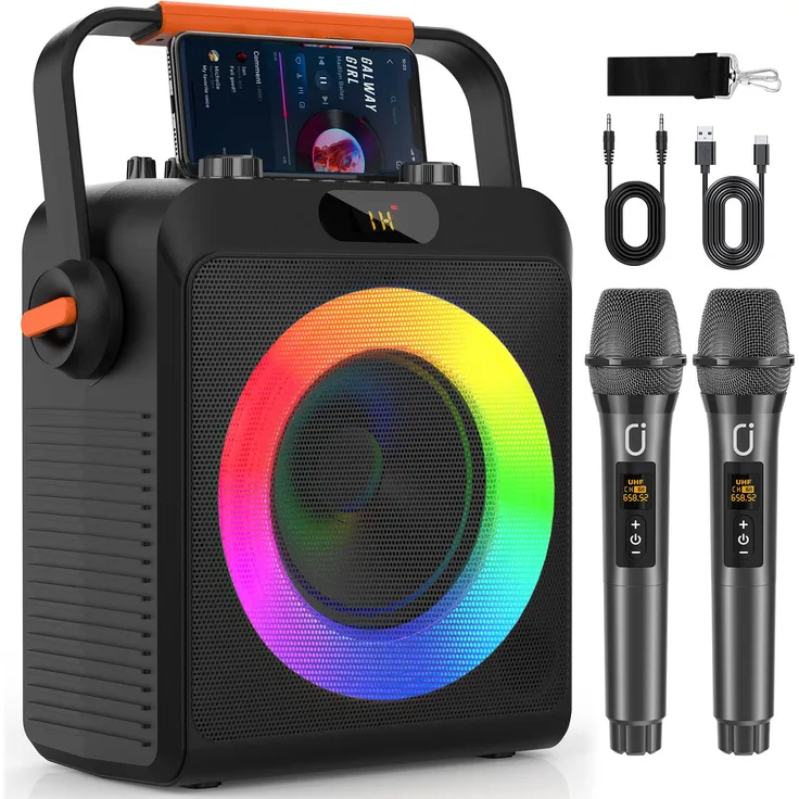JYX Karaoke Maschine mit 2PCS kabellosen Mikrofonen, tragbare Bluetooth-Lautsprecher mit LED-Lichtern für Party, über 12 Stunden Spielzeit