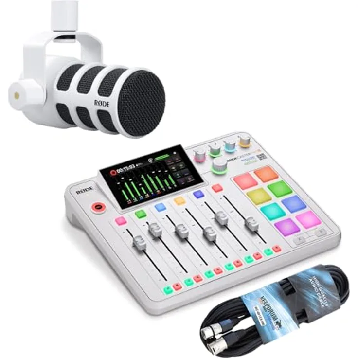 RØDE Rodecaster Pro II Audio Production Studio, Mischpult mit Wi-Fi, Bluetooth und integriertem Recorder, weiß + Rode Podmic Mikrofon, weiß + keepdrum XLR-Kabel