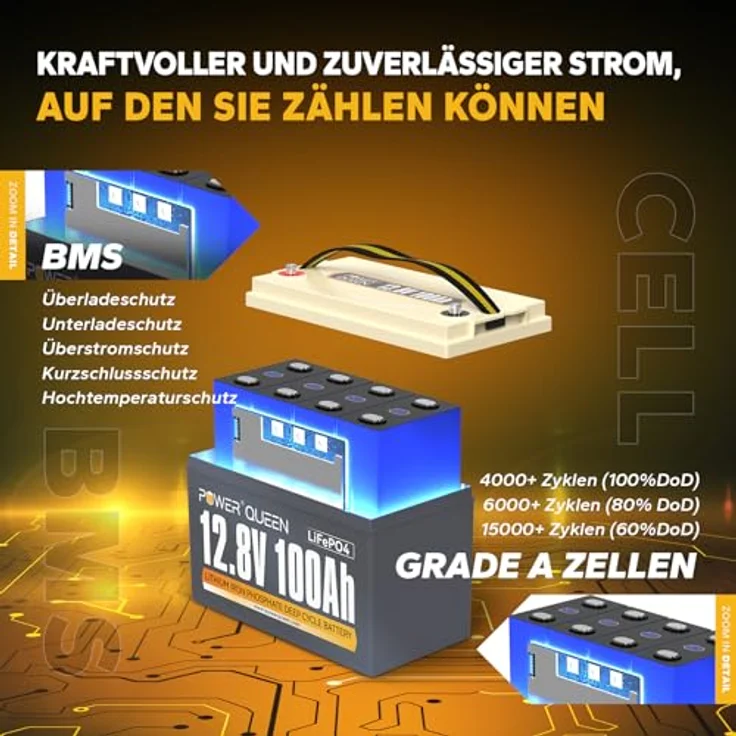 Power Queen 12,8 V 100 Ah LiFePO4 Lithium-Batterie, 1280Wh Akku mit 100 A BMS, 4000+ Ladezyklen, Unterstützung in Serie/Parallelschaltung, perfekt als Stromquelle für Wohnmobile, Boot – Bild 4