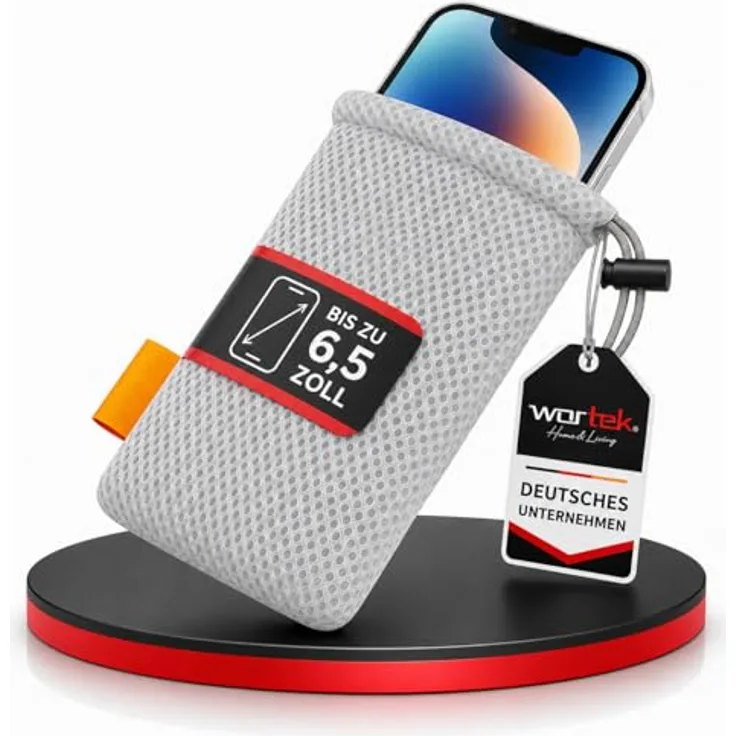 wortek Universal Handytasche 18,5x9 cm, Nylon Mesh Beutel für Smartphones bis 6,5 Zoll, grau, mit Kordelzug, flexibel und schützendes Design