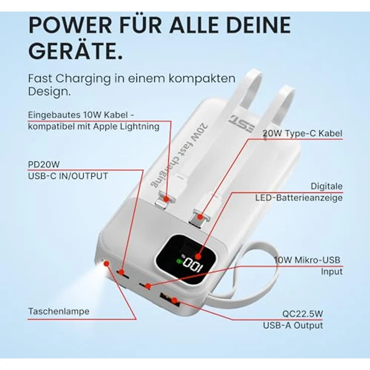 UMBRAELLA Powerbank USB-C [20.000mAh] Weiß - Fast Charging 22.5 W, PD20 W, Integrierte Type-C und Micro USB Kabel, Digital Display & Taschenlampe – Bild 4