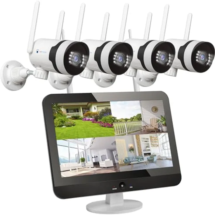 Überwachungskamera Set Aussen WLAN mit 12,5 ''Monitor 10CH Wireless NVR, 5X 5MP WiFi PTZ Kameras mit Farbe Nachtsicht, 2-Wege Audio, PC Fernanzeige, App & Mail, Alarm, Sirene