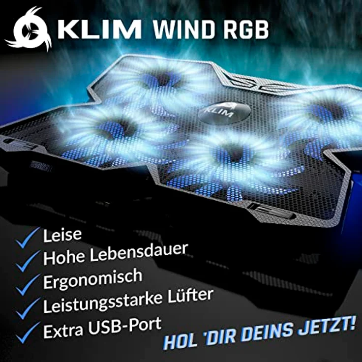 KLIM Wind Laptop Kühler, Cooling Pad mit 4 Lüftern, USB Powered, RGB, geeignet für 15-17 Zoll Laptops, leise und stabil – Bild 2
