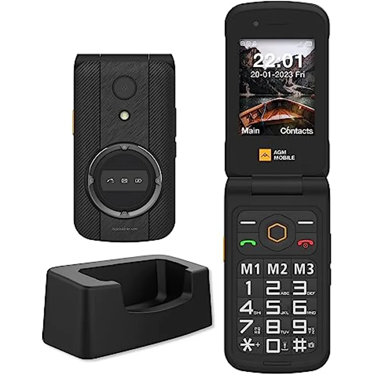 AGM M8 FLIP Klapphandy ohne Vertrag, 4G Seniorenhandy mit großen Tasten, wasserdicht/sturzsicher, SOS, kompatibel mit Hörgeräten, 1500 mAh, 104 dB Lautsprecher, Dual-SIM Schwarz