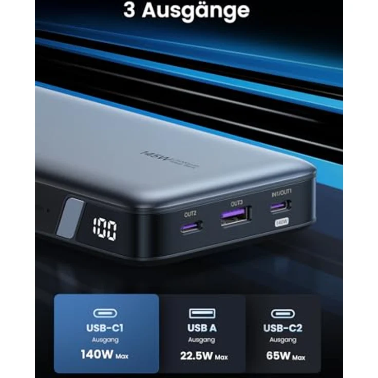 UGREEN Nexode 140W Power Bank 145W Max 25000mAh externer Akku mit 3 Anschlüsse USB C Powerbank mit Digitales Display, kompatibel mit MacBook Pro/Air, iPhone 15 Pro Max/Pro/15, Galaxy S23 Ultra, Dell – Bild 3