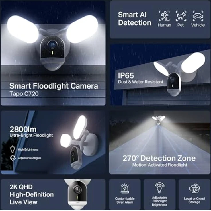 Tapo C720 Outdoor Überwachungskamera, 2800 Lumen Flutlicht, Gegensprechfunktion, weiß – Bild 2