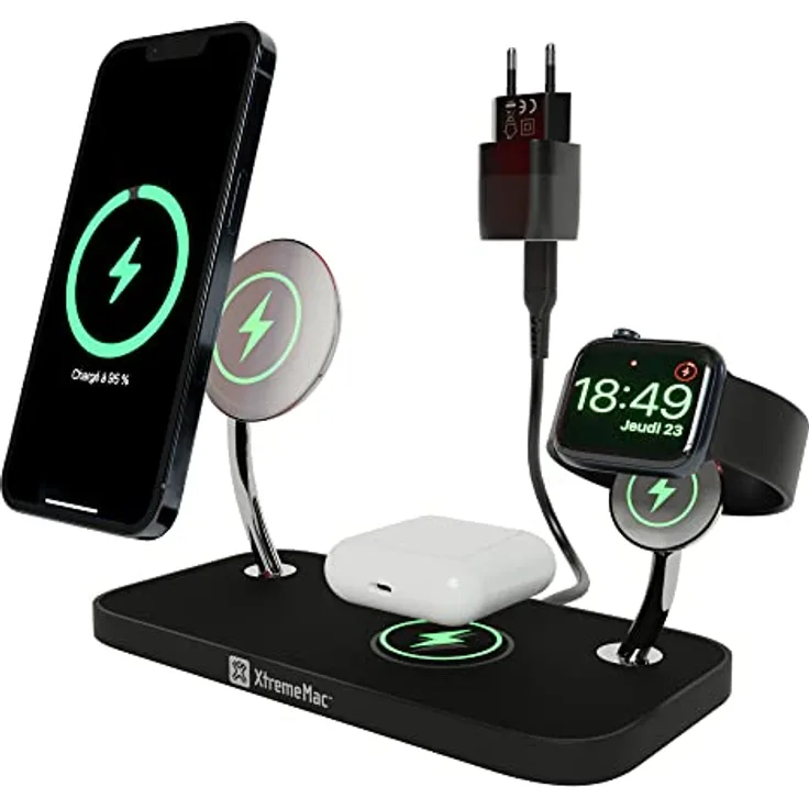 XtremeMac® Premium X-MAG Pro 3-in-1 Highspeed MagSafe Ladestation (Apple Zertifiziert), Ladegerät für iPhone 12, 13 & 14 (15W), Apple Watch (5W), AirPods (5W) – gleichzeitig schnell Aufladen