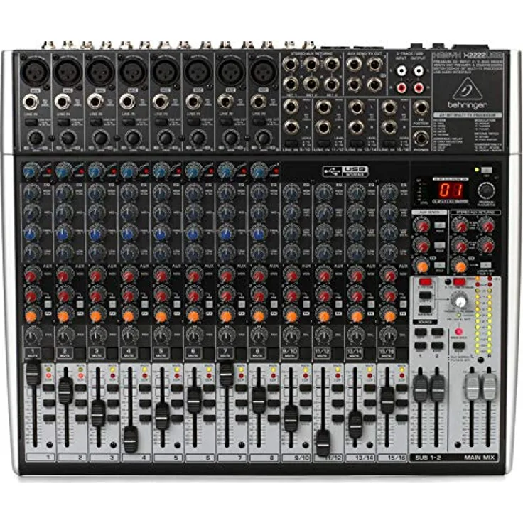 Behringer X2222USB Premium 22-Input 2/2-Bus Mixer mit XENYX Mic Preamps und Compressors, British EQs, 24-Bit Multi-FX Processor und USB/Audio Interface,Kompatibel mit PC und Mac