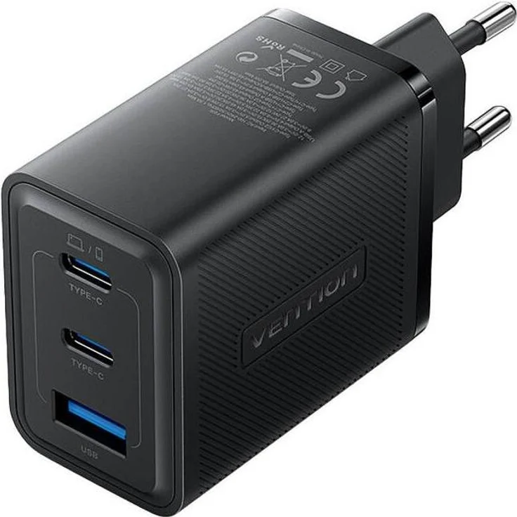 Vention FERB0-EU Wall Charger, 65W GaN USB Ladegerät mit 2x USB-C und 1x USB-A, Schwarz