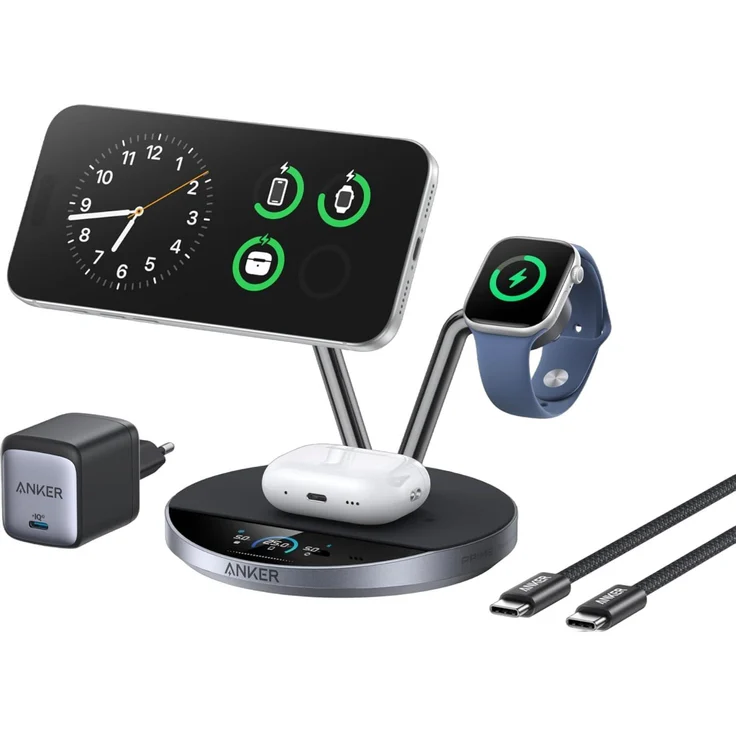 Anker Prime Kabellose Ladestation (3-in-1 Ständer) mit Qi2-Technologie, 25 W Ladeleistung und ActiveCool-System