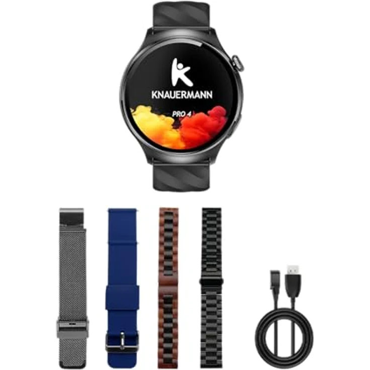 Knauermann PRO 4 (2026) Rund Schwarz, EKG Gesundheitsuhr mit Blutdruck- und Pulsanalyse, Telefonie, IP67, Exklusivpaket mit 4 Armbändern – Bild 1