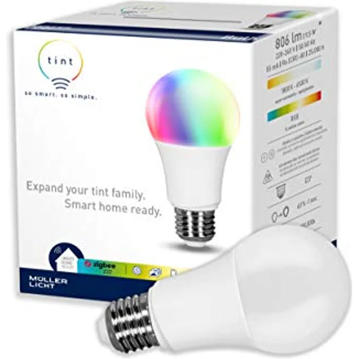 tint Smarte LED-Birne E27 – Steuerbar per Alexa, Fernbedienung oder App – Dimmbare E27 Glühbirne mit weißem und farbigem Licht RGB, 9,5 W