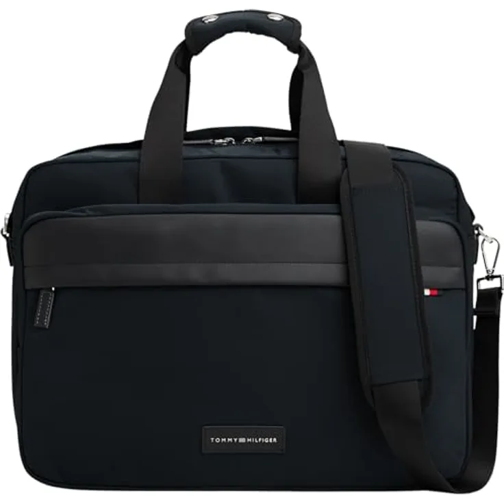 Tommy Hilfiger TH NYLON WORKBAG, Unisex Laptoptasche in Schwarz mit Vordertaschenfach und verstellbarem Schulterriemen