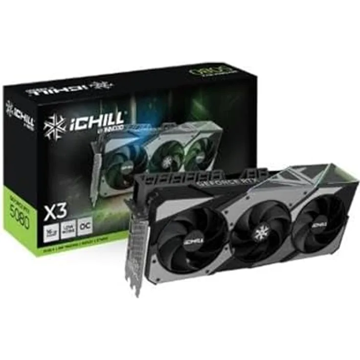 INNO3D GeForce RTX 5080 iChill X3, 16 GB GDDR7, Triple-Fan-Kühler mit RGB-LED-Beleuchtung, 2.295/2.715 MHz Base-/Boost-Takt