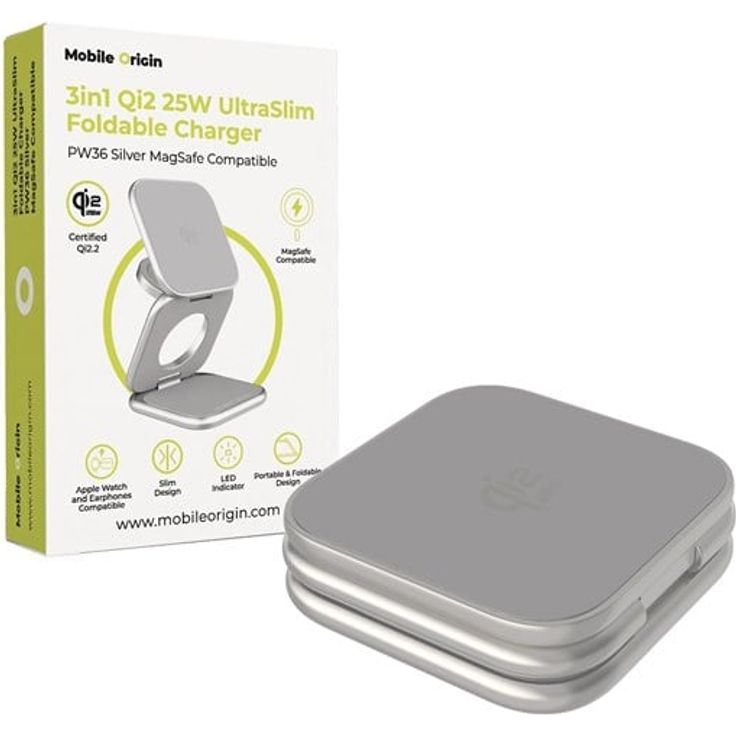 Mobile Origin PW36 3in1 Qi2 25W UltraSlim faltbares Ladegerät, kompatibel mit MagSafe, silber
