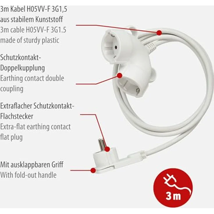 Brennenstuhl Qualitäts-Kunststoff-Verlängerungskabel mit Flachstecker (Verlängerungskabel flach für innen mit 3m Kabel, Strom-Verlängerungskabel mit Doppelsteckdose, 2-fach Verlängerungskabel) weiß – Bild 3