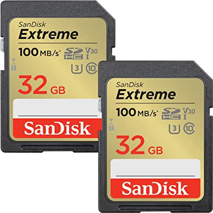 SanDisk Extreme SDHC UHS-I Speicherkarte 2er-Pack 32 GB (V30, 100 MB/s Übertragung, U3, 4K UHD Videos, wasserdicht, stoßfest, temperaturbeständig) – Bild 1